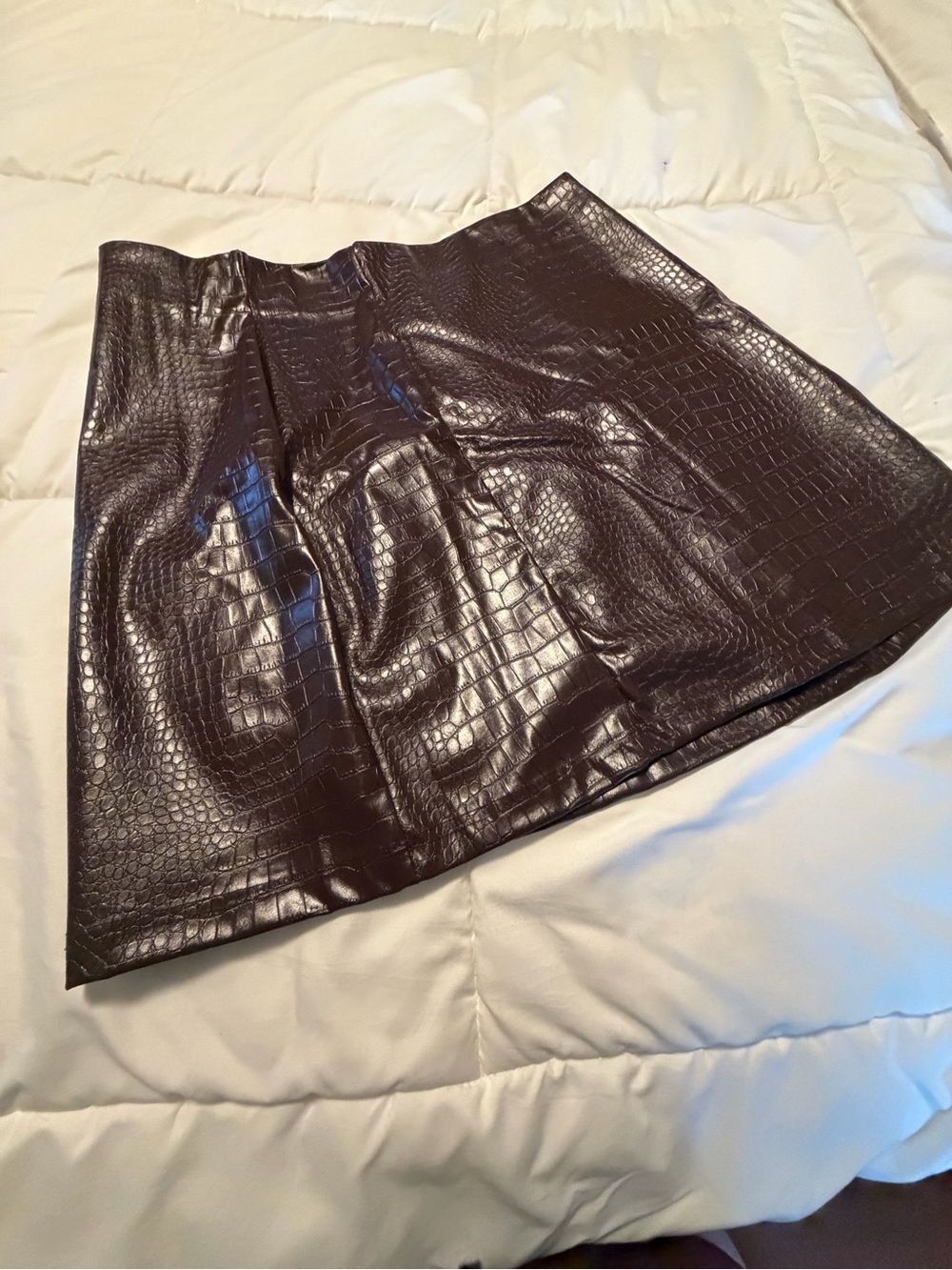 Faux Croc-Embossed Zip Front mini skirt in Dark Brown